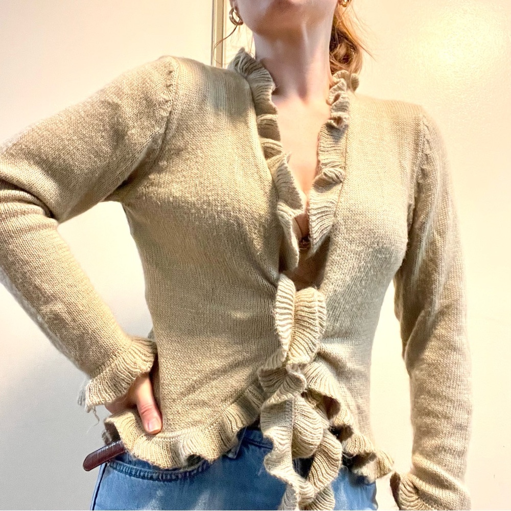 Alpaca Fina Peruvian Wool Ruffle Front Tie Cardigan Beige Y2K Knit Sweater